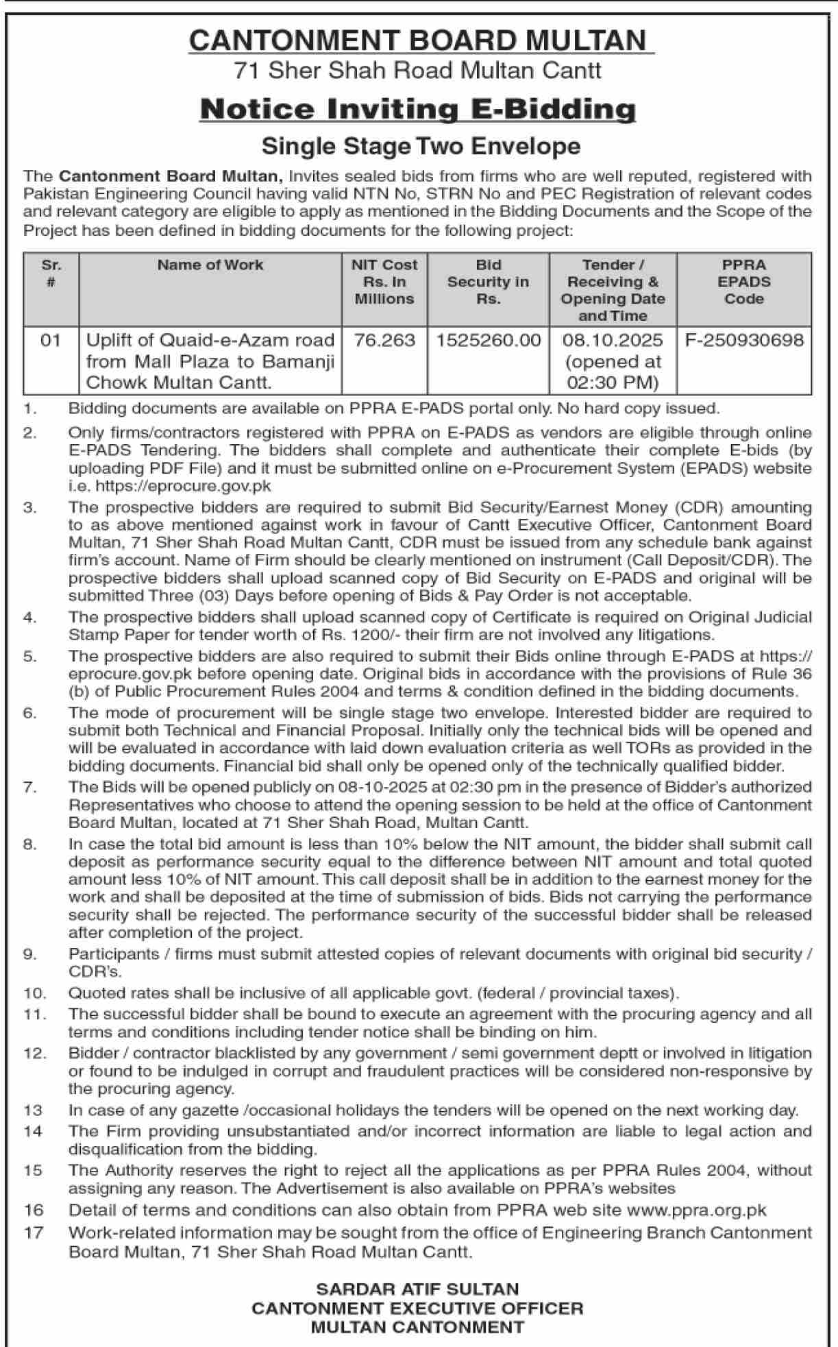 Cantonment Board Multan Tender Notice
